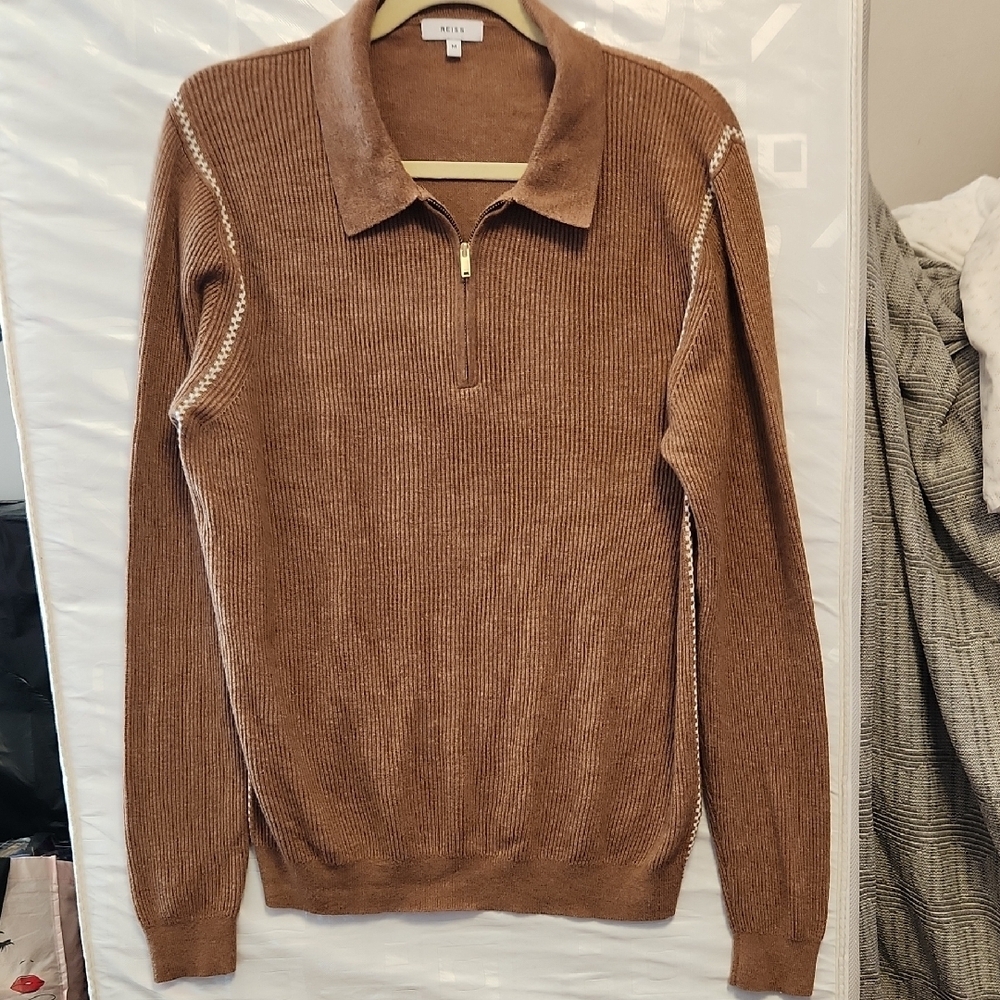NWOT, Reiss Tan Wool Alpaca Viscose Nylon 1/4 Zip Sweater  sz M